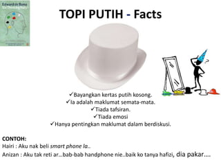 TOPI PUTIH - Facts
Bayangkan kertas putih kosong.
Ia adalah maklumat semata-mata.
Tiada tafsiran.
Tiada emosi
Hanya pentingkan maklumat dalam berdiskusi.
CONTOH:
Hairi : Aku nak beli smart phone la..
Anizan : Aku tak reti ar…bab-bab handphone nie..baik ko tanya hafizi, dia pakar….
 