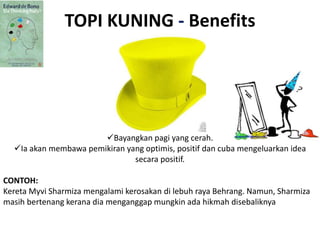 TOPI KUNING - Benefits
Bayangkan pagi yang cerah.
Ia akan membawa pemikiran yang optimis, positif dan cuba mengeluarkan idea
secara positif.
CONTOH:
Kereta Myvi Sharmiza mengalami kerosakan di lebuh raya Behrang. Namun, Sharmiza
masih bertenang kerana dia menganggap mungkin ada hikmah disebaliknya
 
