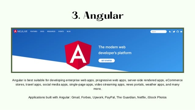 3. Angular
Angular is best suitable for developing enterprise web apps, progressive web apps, server-side rendered apps, eCommerce
stores, travel apps, social media apps, single-page apps, video streaming apps, news portals, weather apps, and many
more.


Applications built with Angular: Gmail, Forbes, Upwork, PayPal, The Guardian, Netflix, iStock Photos
 