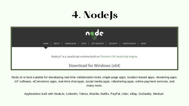 4. NodeJs
Node.Js is best suitable for developing real-time collaboration tools, single-page apps, location-based apps, streaming apps,
IoT software, eCommerce apps, real-time chat apps, social media apps, ridesharing apps, online payment services, and
many more.


Applications built with NodeJs: LinkedIn, Yahoo, Mozilla, Netflix, PayPal, Uber, eBay, GoDaddy, Medium
 