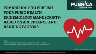 TOP JOURNALS TO PUBLISH
YOUR PUBIC HEALTH
EPIDEMIOLOGY MANUSCRIPTS-
BASED ON ACCEPTANCE AND
RANKING FACTORS
Publication Support | Research Services | Physician Writing | Scientific Communication Solution | Editing &Peer-Reviewing
Tags:
Objective of public health, Epidemiological Information Analysis,
Statistical Methods in Medical Research, Manuscripts for Publication.
Copyright © 2019 pubrica. All rights reserved
 
