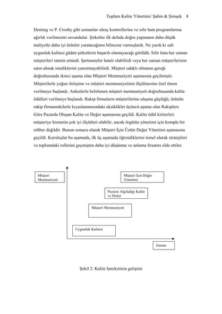 Toplam Kalite Yönetimi/ Şahin & Şimşek 8


Deming ve P. Crosby gibi uzmanlar süreç kontrollerine ve sıfır hata programlarına
ağırlık verilmesini savundular. Şirketler ilk defada doğru yapmanın daha düşük
maliyetle daha iyi ürünler yaratacağının bilincine varmışlardı. Ne yazık ki salt
uygunluk kalitesi güden şirketlerin başarılı olamayacağı görüldü. Sıfır hata her zaman
müşterileri tatmin etmedi. Şartnameler hatalı olabilirdi veya her zaman müşterilerinin
satın almak istediklerini yansıtmayabilirdi. Müşteri odaklı olmanın gereği
doğrultusunda ikinci aşama olan Müşteri Memnuniyeti aşamasına geçilmiştir.
Müşterilerle yoğun iletişime ve müşteri memnuniyetinin ölçülmesine özel önem
verilmeye başlandı. Anketlerle belirlenen müşteri memnuniyeti doğrultusunda kalite
ödülleri verilmeye başlandı. Rakip firmaların müşterilerine ulaşma güçlüğü, ürünün
rakip firmanınkilerle kıyaslanmasındaki eksiklikler üçüncü aşama olan Rakiplere
Göre Pazarda Oluşan Kalite ve Değer aşamasına geçildi. Kalite ödül kiriterleri
müşteriye hizmetin çok iyi ölçütleri olabilir, ancak örgütün yönetimi için komple bir
rehber değildir. Bunun sonucu olarak Müşteri İçin Üstün Değer Yönetimi aşamasına
geçildi. Kuruluşlar bu aşamada, ilk üç aşamada öğrendiklerini temel alarak stratejileri
ve toplumdaki rollerini geçmişten daha iyi düşünme ve anlama fırsatını elde ettiler.




  Müşteri                                            Müşteri İçin Değer
  Memnuniyeti                                        Yönetimi


                                           Pazarın Algıladığı Kalite
                                           ve Değer


                                 Müşteri Memnuniyeti




                       Uygunluk Kalitesi



                                                                          Zaman




                          Şekil 2: Kalite hareketinin gelişimi
 