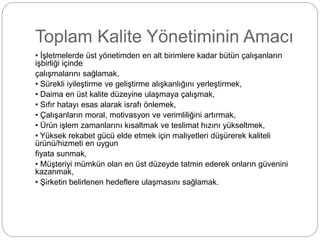 Toplam Kalite Yönetiminin Amacı 
• İşletmelerde üst yönetimden en alt birimlere kadar bütün çalışanların 
işbirliği içinde 
çalışmalarını sağlamak, 
• Sürekli iyileştirme ve geliştirme alışkanlığını yerleştirmek, 
• Daima en üst kalite düzeyine ulaşmaya çalışmak, 
• Sıfır hatayı esas alarak israfı önlemek, 
• Çalışanların moral, motivasyon ve verimliliğini artırmak, 
• Ürün işlem zamanlarını kısaltmak ve teslimat hızını yükseltmek, 
• Yüksek rekabet gücü elde etmek için maliyetleri düşürerek kaliteli 
ürünü/hizmeti en uygun 
fiyata sunmak, 
• Müşteriyi mümkün olan en üst düzeyde tatmin ederek onların güvenini 
kazanmak, 
• Şirketin belirlenen hedeflere ulaşmasını sağlamak. 
 