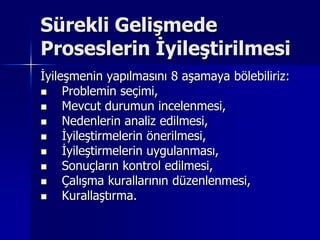 Sürekli Gelişmede Proseslerin İyileştirilmesiİyileşmenin yapılmasını 8 aşamaya bölebiliriz: Problemin seçimi,Mevcut durumun incelenmesi,Nedenlerin analiz edilmesi,İyileştirmelerin önerilmesi,İyileştirmelerin uygulanması,Sonuçların kontrol edilmesi,Çalışma kurallarının düzenlenmesi,Kurallaştırma.