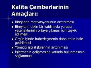 Kalite Çemberlerinin Amaçları:Bireylerin motivasyonunun arttırılmasıBireylerin etkin bir katılımıyla yaratıcı yeteneklerinin ortaya çıkması için teşvik edilmesiÖrgüt içinde haberleşmenin daha etkin hale getirilmesiYönetici işçi ilişkilerinin arttırılmasıİşletmenin gelişmesine katkıda bulunmasının sağlanması