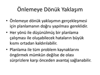 Önlemeye Dönük Yaklaşım
• Önlemeye dönük yaklaşımın gerçekleşmesi
için planlamanın doğru yapılması gereklidir.
• Her yönü ile düşünülmüş bir planlama
çalışması ile oluşabilecek hataların büyük
kısmı ortadan kaldırılabilir.
• Planlama ile tüm problem kaynaklarını
öngörmek mümkün değilse de olası
sürprizlere karşı önceden avantaj sağlanabilir.
 