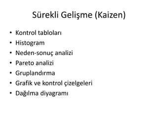 Sürekli Gelişme (Kaizen)
• Kontrol tabloları
• Histogram
• Neden-sonuç analizi
• Pareto analizi
• Gruplandırma
• Grafik ve kontrol çizelgeleri
• Dağılma diyagramı
 
