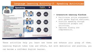 Language Learning Activity-2: Speaking Activities
(S)
These activities help you learn new terms and enhance your grasp of them.
Learning English takes time and effort, but with dedication and practice, you
can become a confident English learner.
• Interactive Learning Platform
• Facilitates active engagement
with spoken English exercises.
• Practice speaking through
interactive prompts and
activities.
• Improves fluency and
comprehension.
 