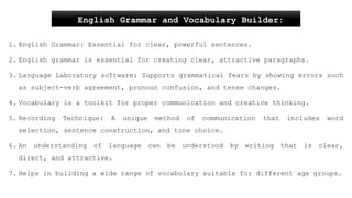 1. English Grammar: Essential for clear, powerful sentences.
2. English grammar is essential for creating clear, attractive paragraphs.
3. Language Laboratory software: Supports grammatical fears by showing errors such
as subject-verb agreement, pronoun confusion, and tense changes.
4. Vocabulary is a toolkit for proper communication and creative thinking.
5. Recording Technique: A unique method of communication that includes word
selection, sentence construction, and tone choice.
6. An understanding of language can be understood by writing that is clear,
direct, and attractive.
7. Helps in building a wide range of vocabulary suitable for different age groups.
English Grammar and Vocabulary Builder:
 