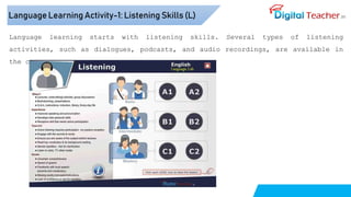 Language learning starts with listening skills. Several types of listening
activities, such as dialogues, podcasts, and audio recordings, are available in
the content.
Language Learning Activity-1: Listening Skills (L)
 
