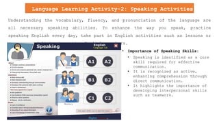 Language Learning Activity-2: Speaking Activities
(S)
Understanding the vocabulary, fluency, and pronunciation of the language are
all necessary speaking abilities. To enhance the way you speak, practice
speaking English every day, take part in English activities such as lessons or
courses, and listen to native English speakers.
• Importance of Speaking Skills:
• Speaking is identified as a core
skill required for effective
communication.
• It is recognized as active,
enhancing comprehension through
direct communication.
• It highlights the importance of
developing interpersonal skills
such as teamwork.
 