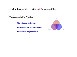 The Accessibility Problem <ul><li>The classic solution </li></ul><ul><li>Progressive enhancement </li></ul><ul><li>Gracefu...