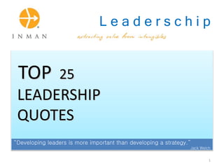 L e a d e r s c h i p
TOP 25
LEADERSHIP
QUOTES
“Developing leaders is more important than developing a strategy.”
Jack Welch
1
 