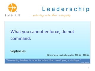 L e a d e r s c h i p
What you cannot enforce, do not
command.
Sophocles
Athens' great tragic playwrights 496 ac – 406 ac
“Developing leaders is more important than developing a strategy.”
Jack Welch
15
 