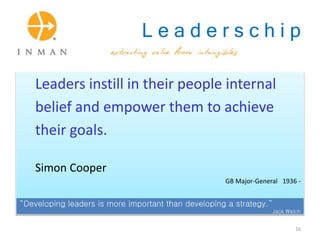 L e a d e r s c h i p
Leaders instill in their people internal
belief and empower them to achieve
their goals.
Simon Cooper
GB Major-General 1936 -
“Developing leaders is more important than developing a strategy.”
Jack Welch
16
 