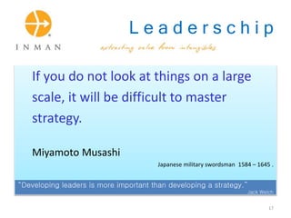 L e a d e r s c h i p
If you do not look at things on a large
scale, it will be difficult to master
strategy.
Miyamoto Musashi
Japanese military swordsman 1584 – 1645 .
“Developing leaders is more important than developing a strategy.”
Jack Welch
17
 