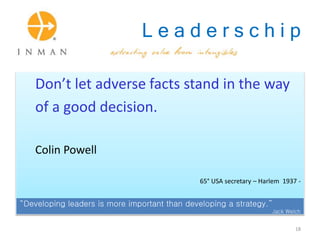 L e a d e r s c h i p
Don’t let adverse facts stand in the way
of a good decision.
Colin Powell
65° USA secretary – Harlem 1937 -
“Developing leaders is more important than developing a strategy.”
Jack Welch
18
 
