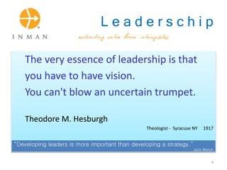 L e a d e r s c h i p
The very essence of leadership is that
you have to have vision.
You can't blow an uncertain trumpet.
Theodore M. Hesburgh
Theologist - Syracuse NY 1917
“Developing leaders is more important than developing a strategy.”
Jack Welch
4
 
