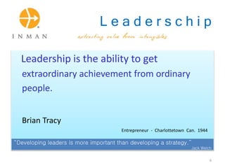 L e a d e r s c h i p
Leadership is the ability to get
extraordinary achievement from ordinary
people.
Brian Tracy
Entrepreneur - Charlottetown Can. 1944
“Developing leaders is more important than developing a strategy.”
Jack Welch
6
 
