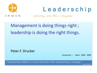 L e a d e r s c h i p
Management is doing things right ;
leadership is doing the right things.
Peter F. Drucker
Economist – Wien 1909 - 2005
“Developing leaders is more important than developing a strategy.”
Jack Welch
7
 