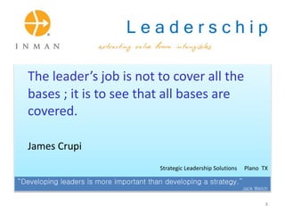 L e a d e r s c h i p
The leader’s job is not to cover all the
bases ; it is to see that all bases are
covered.
James Crupi
Strategic Leadership Solutions Plano TX
“Developing leaders is more important than developing a strategy.”
Jack Welch
8
 