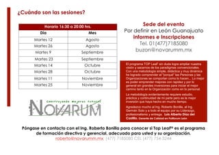 ¿Cuándo son las sesiones?
Horario 16:30 a 20:00 hrs.
Día

Mes

Martes 12

Agosto

Martes 26

Agosto

Martes 9

Septiembre

Martes 23

Septiembre

Martes 14

Octubre

Martes 28

Octubre

Martes 11

Noviembre

Martes 25

Noviembre

Sede del evento
Por definir en León Guanajuato
informes e Inscripciones
Tel. 01(477)7185080
buzon@novarumm.mx
El programa TOP LeaF sin duda logra ampliar nuestra
visión y sacarnos de los paradigmas convencionales.
Con una metodología simple, didáctica y muy dinámica
he logrado comprender el "porqué" las Personas y las
Organizaciones se comportan como lo hacen... Lo mejor
es poder emprender mejoras con rapidez y por lo
general sin grandes inversiones para iniciar el mejor
camino tanto en la Organización como en lo personal.
La metodología evidentemente requiere estudio,
práctica y continuidad de mi parte pero es la mejor
inversión que haya hecho en mucho tiempo.
Agradezco mucho al Ing. Roberto Bonilla, al Ing.
Germán Soto y a todo el equipo por su Liderazgo,
profesionalismo y entrega. Luis Alberto Díaz del
Castillo. Gerente de Calidad en Poliforum León

Póngase en contacto con el Ing. Roberto Bonilla para conocer si Top LeaF® es el programa
de formación directiva y gerencial, adecuado para usted y su organización.
roberto@novarumm.mx; (477) 7185080 CEL (477) 754-3244

 
