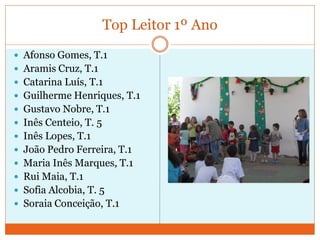 Top Leitor 1º Ano
 Afonso Gomes, T.1
 Aramis Cruz, T.1
 Catarina Luís, T.1
 Guilherme Henriques, T.1
 Gustavo Nobre, T.1
 Inês Centeio, T. 5
 Inês Lopes, T.1
 João Pedro Ferreira, T.1
 Maria Inês Marques, T.1
 Rui Maia, T.1
 Sofia Alcobia, T. 5
 Soraia Conceição, T.1
 
