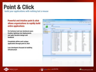 Point & Click
build your applications with nothing but a mouse



   Powerful and intuitive point & click
   allows organizations to rapidly build
   entire applications

   For technical and non-technical users
   Enables lightning fast deployments
   and agile iterative design and
   feedback

   Completely deﬁne each unique
   application through point & click

   Less developers focused on building
   infrastructure
 
