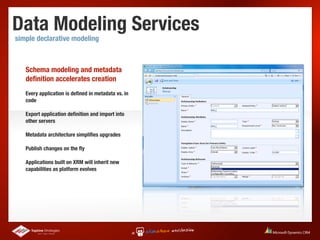 Data Modeling Services
simple declarative modeling



   Schema modeling and metadata
   deﬁnition accelerates creation
   Every application is deﬁned in metadata vs. in
   code

   Export application deﬁnition and import into
   other servers

   Metadata architecture simpliﬁes upgrades

   Publish changes on the ﬂy

   Applications built on XRM will inherit new
   capabilities as platform evolves
 