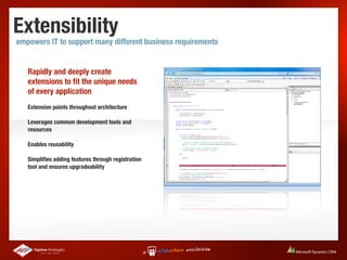 Extensibility
empowers IT to support many different business requirements


   Rapidly and deeply create
   extensions to ﬁt the unique needs
   of every application
   Extension points throughout architecture

   Leverages common development tools and
   resources

   Enables reusability

   Simpliﬁes adding features through registration
   tool and ensures upgradeability
 