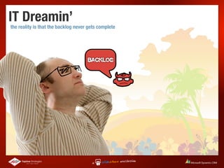 IT Dreamin’
the reality is that the backlog never gets complete




                                     Backlog
 