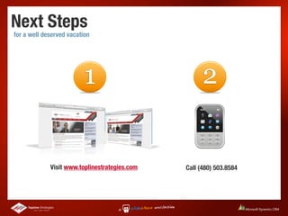 Next Steps
for a well deserved vacation




                          1                          2
                                                     2


             Visit www.toplinestrategies.com   Call (480) 503.8584
 