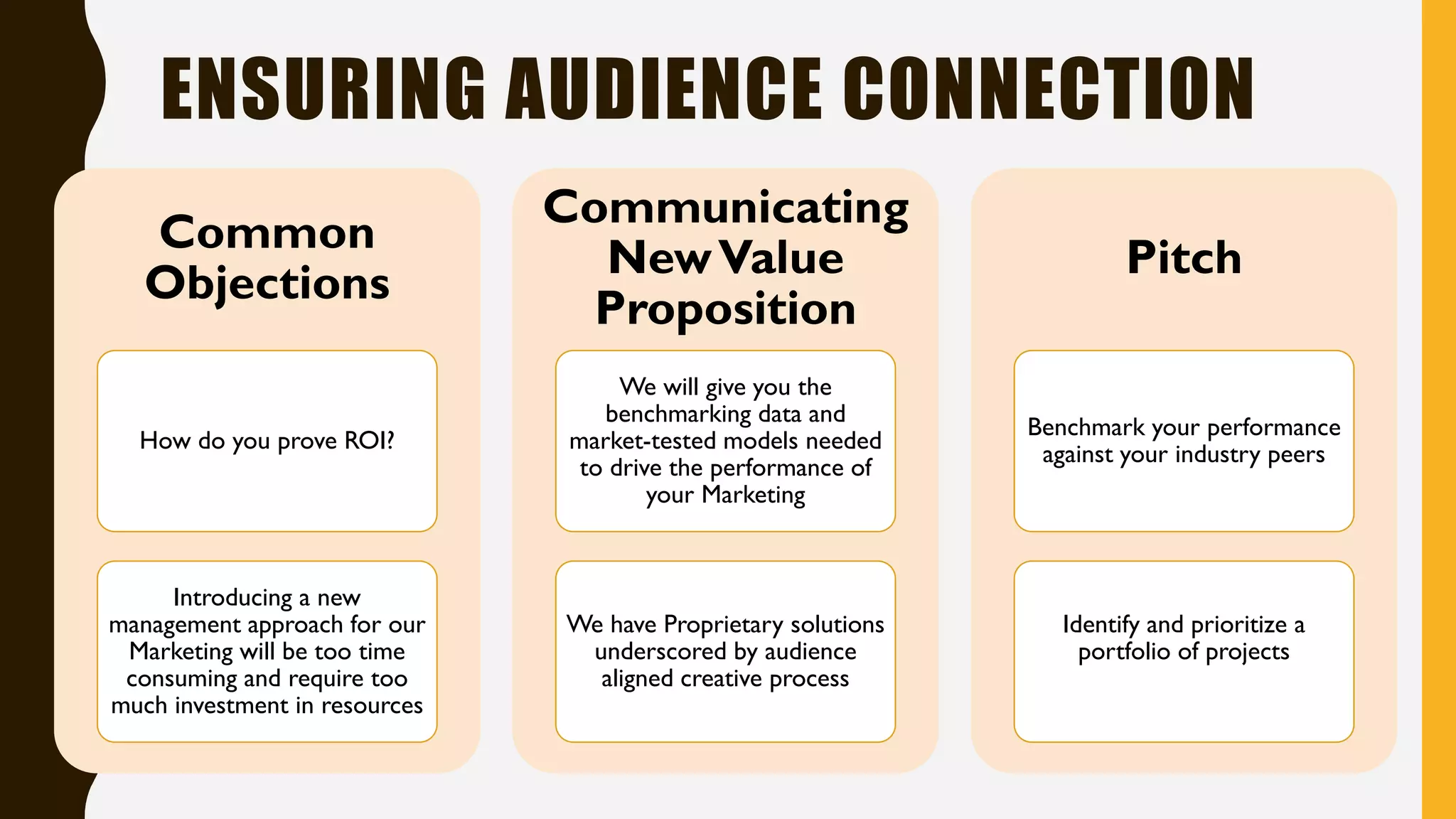 ENSURING AUDIENCE CONNECTION
Common
Objections
How do you prove ROI?
Introducing a new
management approach for our
Marketing will be too time
consuming and require too
much investment in resources
Communicating
NewValue
Proposition
We will give you the
benchmarking data and
market-tested models needed
to drive the performance of
your Marketing
We have Proprietary solutions
underscored by audience
aligned creative process
Pitch
Benchmark your performance
against your industry peers
Identify and prioritize a
portfolio of projects
 