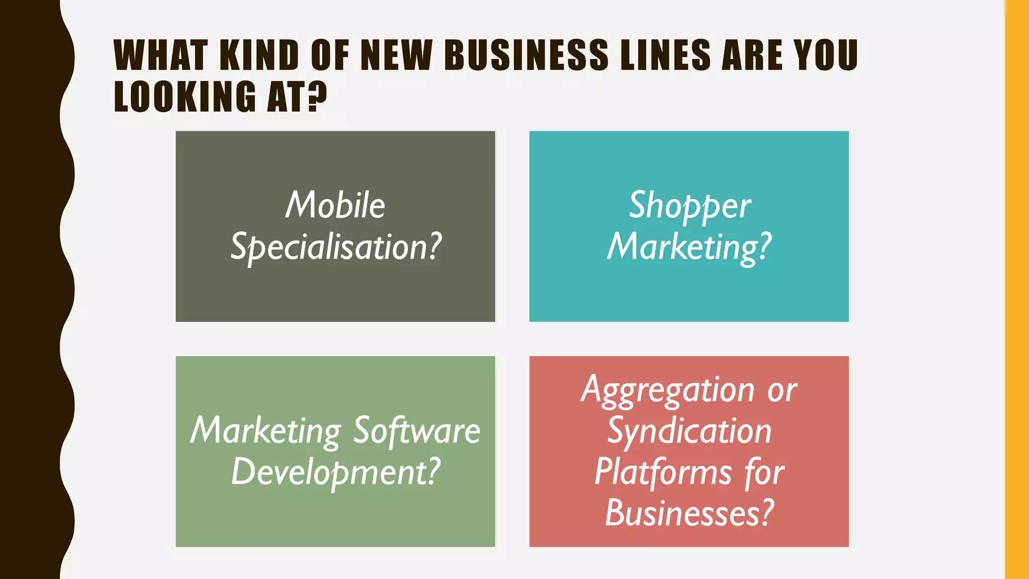 WHAT KIND OF NEW BUSINESS LINES ARE YOU
LOOKING AT?
Mobile
Specialisation?
Shopper
Marketing?
Marketing Software
Development?
Aggregation or
Syndication
Platforms for
Businesses?
 