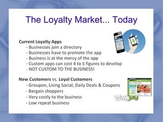 The Loyalty Market... Today
Current Loyalty Apps
- Businesses join a directory
- Businesses have to promote the app
- Business is at the mercy of the app
- Custom apps can cost 4 to 5 figures to develop
- NOT CUSTOM TO THE BUSINESS!
New Customers vs. Loyal Customers
- Groupon, Living Social, Daily Deals & Coupons
- Bargain shoppers
- Very costly to the business
- Low repeat business
 