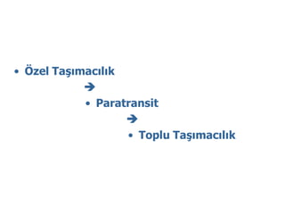 • Özel Taşımacılık
            
            • Paratransit
                   
                   • Toplu Taşımacılık
 