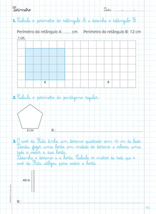D@a€t@a@: –  –TOPM2LFEP-TC©PortoEditora
43
Pæe€r@í‰mæe€t€r@o£
1. C@a€l@c@u€l@a@ o£ €pæe€r@í‰mæe€t€r@o£ d@o£ ﬂræe€t@â‰n@g@u€l@o£ A æe@ dæe€sæe‰n€h@a@ o£ ﬂræe€t@â‰n@g@u€l@o£ B.
	 Perímetro do retângulo A: cm   Perímetro do retângulo B: 12 cm
2. C@a€l@c@u€l@a@ o£ €pæe€r@í‰mæe€t€r@o£ d@o£ €pæe‰n€t@á@g@o£n@o£ ﬂræe@g@u€l@a€r@.
  R.:
3. O a€v£ô£ d@a@ R@i€t@a@ ﬂt@i‰n€h@a@ @u‰m@ ﬂtæe€r€ræe‰n@o£ q@u@a@d€r@a@d@o£ c@o£m@ 40 µ@ dæe@ ﬂl@a@d@o£.
Dæe@c@i@d@i@u@ f@a€zæe€r@ @u‰m@a@ ﬂh@o£r€t@a@ æe‰m@ µæe€t@a@dæe@ d@o£ ﬂtæe€r€ræe‰n@o£ æe@ c@o£l@o£c@o£u@ @u‰m@a@
ﬂræe@dæe@ a@ ∆Æe@d@a€r@ a@ €s@u@a@ ﬂh@o£r€t@a@.
	Dæe€sæe‰n€h@a@ o£ ﬂtæe€r€ræe‰n@o£ æe@ a@ ﬂh@o£r€t@a@. C@a€l@c@u€l@a@ o£ß µæe€t€r@o£ß dæe@ ﬂræe@dæe@ q@uæe@ o£
a€v£ô£ d@a@ R@i€t@a@ @u€t@i€l@i€z@o£u@ €p@a€r@a@ ∆Æe@d@a€r@ a@ ﬂh@o£r€t@a@.
R.:
40 m
a
d
d
d
b
d
d
d
c
 