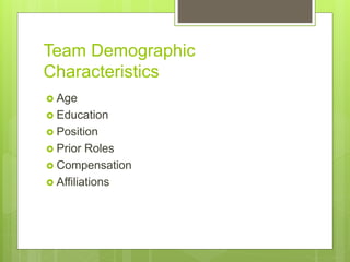 Team Demographic
Characteristics
 Age
 Education
 Position
 Prior Roles
 Compensation
 Affiliations
 