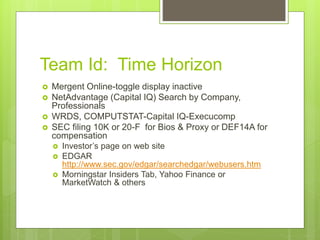 Team Id: Time Horizon
 Mergent Online-toggle display inactive
 NetAdvantage (Capital IQ) Search by Company,
Professionals
 WRDS, COMPUTSTAT-Capital IQ-Execucomp
 SEC filing 10K or 20-F for Bios & Proxy or DEF14A for
compensation
 Investor’s page on web site
 EDGAR
http://www.sec.gov/edgar/searchedgar/webusers.htm
 Morningstar Insiders Tab, Yahoo Finance or
MarketWatch & others
 