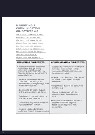 30
MARKETING &
COMMUNICATION
OBJECTIVES 4.0
The aim of creating a new
strategy for Topman for
the Next 3-5 years is to
strengthen the brand image
and increase the consumer
relationship by addressing
the issues found in Stage 1.
(For brand vision &
objectives see Appendix 1)
• Increase awareness of Topman
  Generation through strong
  marketing and PR so that every
  Topman consumer is aware of the  
  online platform.
• Increase sales and widen the
   consumer base through an
   innovative marketing strategy, over
   the next three years.
• Continue to drive sales through
   online and physical retail stores.
• Continue to increase turnover by
   20% for the next three years.
• Continue to stay market leader for
   high street men’s fashion.
• Increase sales and maintain
  customers through strong marketing.
• Successfully communicate the brands
  music side to consumers so that
  Topman and Music become one in
  the consumers mind.
• Create campaigns using new models  
   that reflect and appeal to target
   audience.
• Target the 25-30 year old consumers
   in marketing.
• Create a relationship with the
   consumer via a shared interest in
   music.
• Put focus back on the UK market in
   order to overcome negative
   feedback and opinions from
   consumers.
MARKETING OBJECTIVES COMMUNICATION OBJECTIVES
 