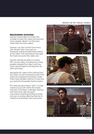 47
MEASURING SUCCESS
Topman will be able to monitor the
number of views the video has and how
many people “liked it” on the basic
video data YouTube collect.
Topman can also monitor how many
new friends/’Likes’ they gain on
Facebook during the promotion period
of the video. The more friends they gain
the more successful the video was.
Topman will also be able to monitor
KPI’s on the video, including how many
people shopped the video, and how
many went straight to the Topman site
after watching.
Alongside this, sales of the clothing from
the video can be monitored to see if the
video has created an increase in sales.
These tools will allow Topman to see how
successful the Shopable Viral has been.
The video be launched in Year 1 to help
create a buzz both within the media
and with consumers. It will align Topman
with their music side and give
consumers something exciting to share
and use. As well as allowing Topman to
market to and attract new consumers.
Figure 8
Mock up of Viral vIDEO
 