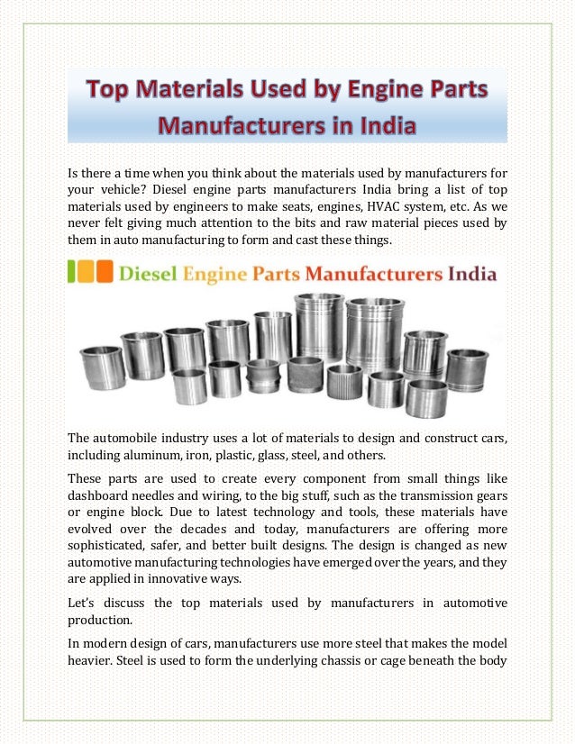 Top materials used by engine parts manufacturers in india