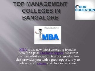 MBA is the new latest emerging trend in
India for a post Graduate degree. Master in
business administration is a post graduation
that provides you with a great opportunity to
unleash your career and dive into success.
 