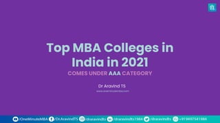 Top MBA Colleges in
India in 2021
COMES UNDER AAA CATEGORY
Dr Aravind TS
www.oneminutemba.com
 