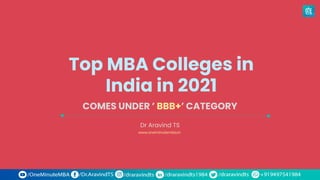 Top MBA Colleges in
India in 2021
Dr Aravind TS
COMES UNDER ’ BBB+’ CATEGORY
www.oneminutemba.in
 