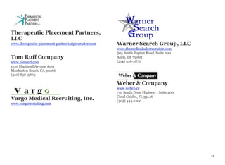 Therapeutic Placement Partners,
LLC
www.therapeutic-placement-partners.ziprecruiter.com
Tom Ruff Company
www.tomruff.com
1140 Highland Avenue #101
Manhatten Beach, CA 90266
(310) 896-3869
Vargo Medical Recruiting, Inc.
www.vargorecruiting.com
Warner Search Group, LLC
www.themedicalsalesrecruiter.com
305 South Jupiter Road, Suite 200
Allen, TX 75002
(214) 446-2870
Weber & Company
www.webco.cc
710 South Dixie Highway , Suite 200
Coral Gables, FL 33146
(305) 444-1200
14
 