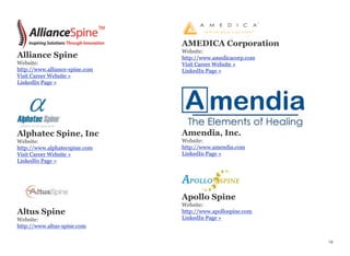 Alliance Spine
Website:
http://www.alliance-spine.com
Visit Career Website »
LinkedIn Page »
Alphatec Spine, Inc
Website:
http://www.alphatecspine.com
Visit Career Website »
LinkedIn Page »
Altus Spine
Website:
http://www.altus-spine.com
AMEDICA Corporation
Website:
http://www.amedicacorp.com
Visit Career Website »
LinkedIn Page »
Amendia, Inc.
Website:
http://www.amendia.com
LinkedIn Page »
Apollo Spine
Website:
http://www.apollospine.com
LinkedIn Page »
18
 