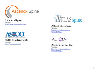 Ascendx Spine
Website:
http://www.ascendxspine.com
ASICO Instruments
Website:
http://www.asico.com/
Atlas Spine, Inc.
Website:
http://www.atlasspine.com
LinkedIn Page »
Aurora Spine, Inc.
Website:
http://www.auroraspine.us
LinkedIn Page »
20
 