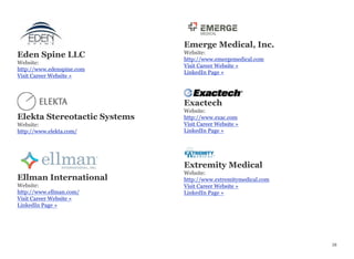 Eden Spine LLC
Website:
http://www.edenspine.com
Visit Career Website »
Elekta Stereotactic Systems
Website:
http://www.elekta.com/
Ellman International
Website:
http://www.ellman.com/
Visit Career Website »
LinkedIn Page »
Emerge Medical, Inc.
Website:
http://www.emergemedical.com
Visit Career Website »
LinkedIn Page »
Exactech
Website:
http://www.exac.com
Visit Career Website »
LinkedIn Page »
Extremity Medical
Website:
http://www.extremitymedical.com
Visit Career Website »
LinkedIn Page »
28
 