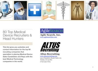 Agile Search, Inc.
www.agilesearchinc.com
Altus Recruiting
www.altusrecruiting.com
2512 Chambers Road, Suite 101
Tustin, CA 92780
(714) 544-1023
This list gives you websites and
contact information for the top 80
recruiting companies that
specialize in placing Medical Device
Sales Candidates and Reps with the
best Medical Technology
companies in the world.
80 Top Medical
Device Recruiters &
Head Hunters
2
 